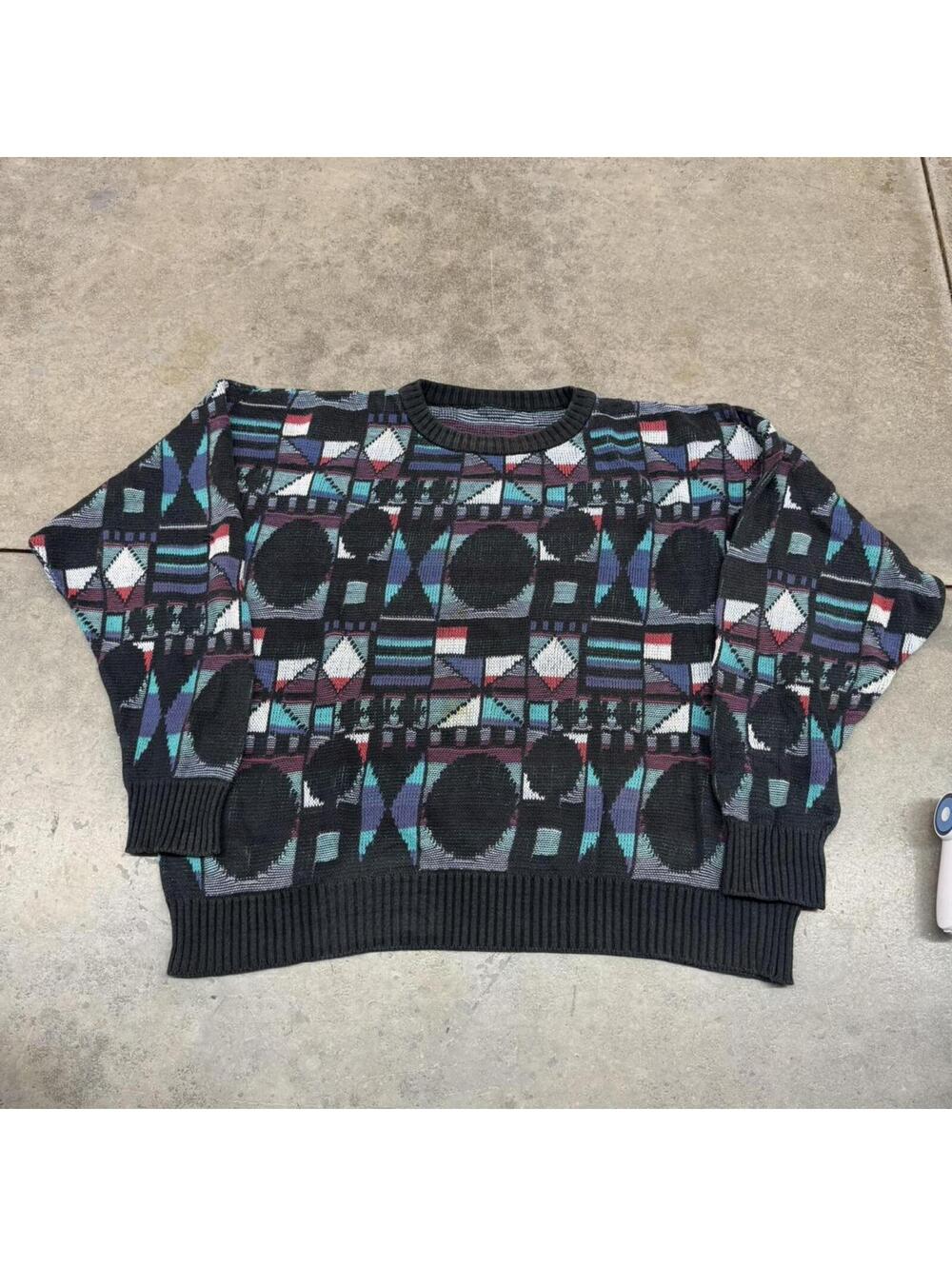 vintage black blue and red square circle pattern knit sweater size xl
